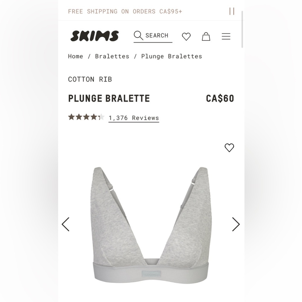 Size S Skims Cotton Rib Plunge Bralette Gray